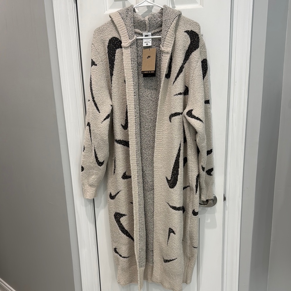 Nike Women's Phoenix cozy Boucher Cream and grey Hooded  cardigan Sweater
